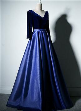 Picture of Pretty Royal Blue Long Sleeves Satin with Velvet Party Dresses, A-line Long Prom Dresses